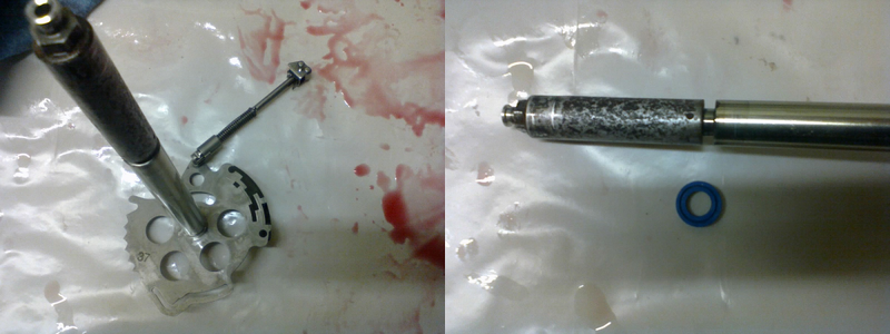 LEFT: This is the manual shaft & attached park rod. RIGHT: The upper portion (the part that sticks out of the case) had a bunch of rust on it, so I sanded it down a bit before sliding the new shaft seal down into place. NOT PICTURED: A small vent cap goes on top (removed for cleaning, installed later).